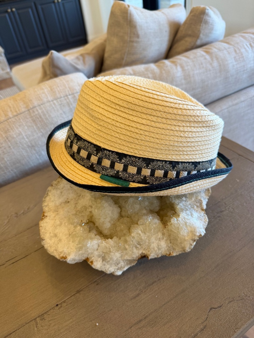 Robert Graham Fedora Mens L Beige Straw Plaid Black Trim Summer Beach Sun Hat